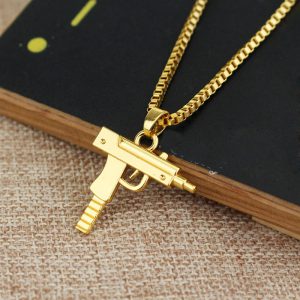 Mens Gun Pendant Necklace Choker Chain